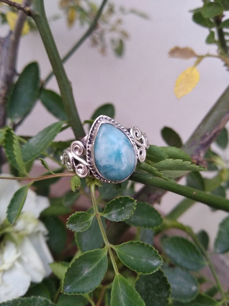 Natural Larimar Ring, Sterling Silver Ring, Statement Ring, Dominican Larimar, Boho Ring, March Birthday, Bridesmaid Gift,Designer Ring Gift image 1