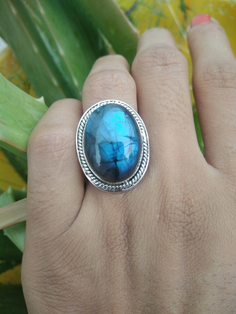 Labradorite Ring92.5 Sterling Silver Ring Blue Flash Oval image 0