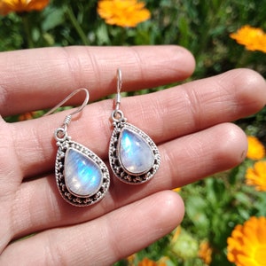 Rainbow Moonstone Earring,Sterling Silver,June Birthday,Floral Earring,Dangle Earring,Bohemian Earrings,Bridal Earring,Valentine's Day Gift image 4