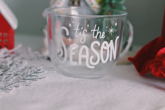 Tis the Season Holiday Mug Christmas Mugs, Glass Mug, Clear Cups Coffee Mugs,  Coffee Cup Trendy Drinkware 