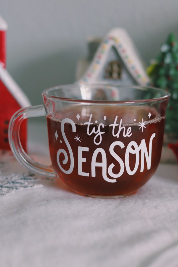 Tis the Season Holiday Mug Christmas Mugs, Glass Mug, Clear Cups Coffee Mugs,  Coffee Cup Trendy Drinkware 