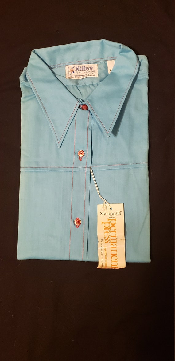 Vintage Hilton bowling shirt---Baby Blue with red