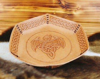 Natural leather bowl, cube bowl made of cowhide, Celtic dragon, hallmarked, handmade, unique