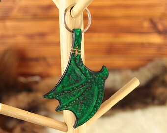 Green dragon wing leather pendant, keychain, stamped, handmade
