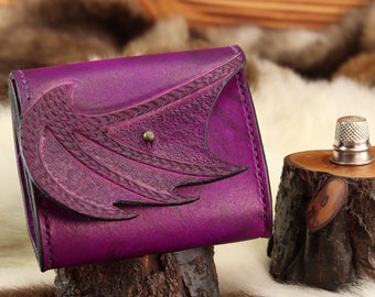 Purple mini leather bag with dragon wing, purse, tampon bag, cosmetic bag