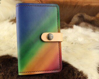 Rainbow-coloured leather cover A6, for notebooks and sketchbooks, snap fastener, without contents