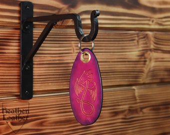 Leather keychain, pocket pendant, Celtic dragon baby, pink, purple, blue