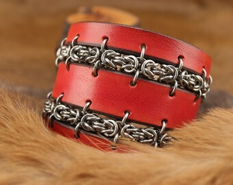 red leather strap wide, silver-colored royal necklace stainless steel, leather jewelry for metal, Middle Ages