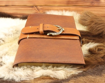 A5 book cover made of cowhide, golden brown, Celtic buckle, incl. sketchbook