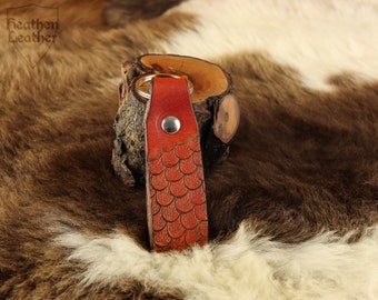 Leather pendant, hallmarked, dragon scale, sattle tan brown, keychain, bag ring