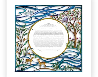 May include: Framed artwork with a blue and gold border. The artwork features a central circular text area surrounded by illustrations of a tree, deer, birds, and flowing water. The color palette includes blues, greens, and browns.