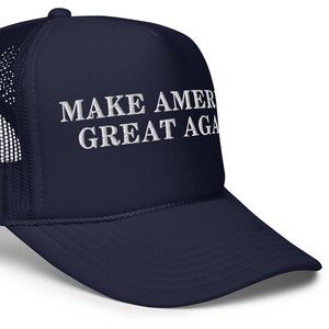 Unisex Navy Trump Foam Trucker MAGA Hat, MAGA Rally Hat, Trump Inauguration Adjustable Hat, White Text MAGA Cap