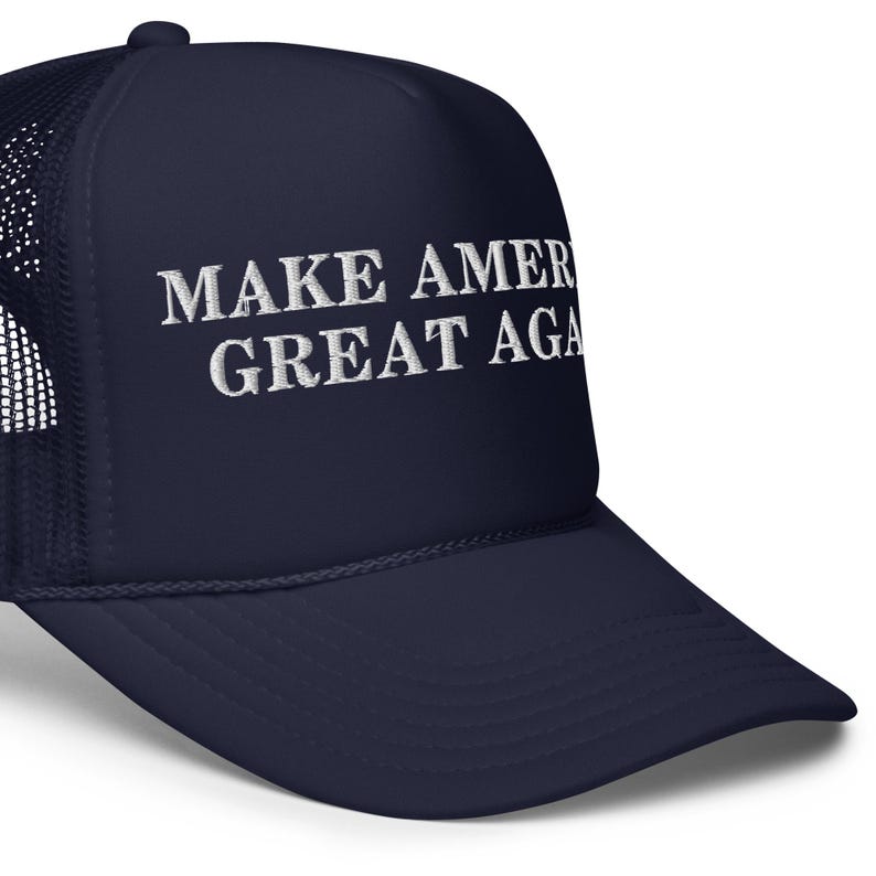 Unisex Navy Trump Foam Trucker MAGA Hat, MAGA Rally Hat, Trump Inauguration Adjustable Hat, White Text MAGA Cap