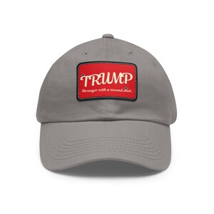 Trump 2025 Hat: Stronger With A Second Shot, MAGA Rally Cap Grey / Black patch