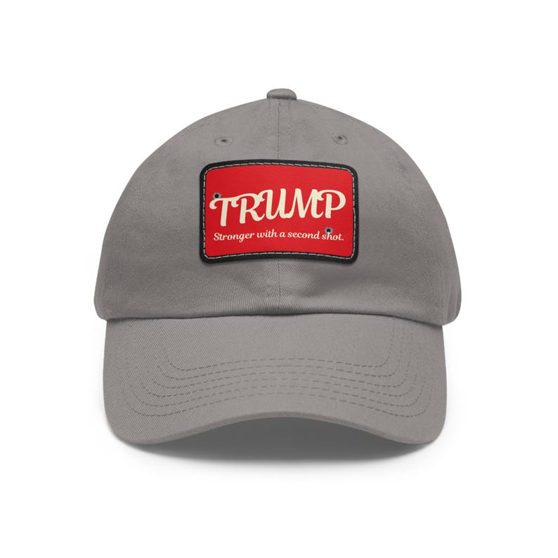 Trump 2025 Hat: Stronger With A Second Shot, MAGA Rally Cap Grey / Black patch