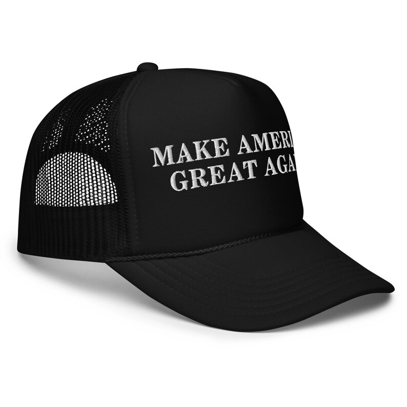 Unisex Black Trump Foam Trucker MAGA Hat, MAGA Rally Hat, Trump Inauguration Adjustable Hat, White Text MAGA Cap