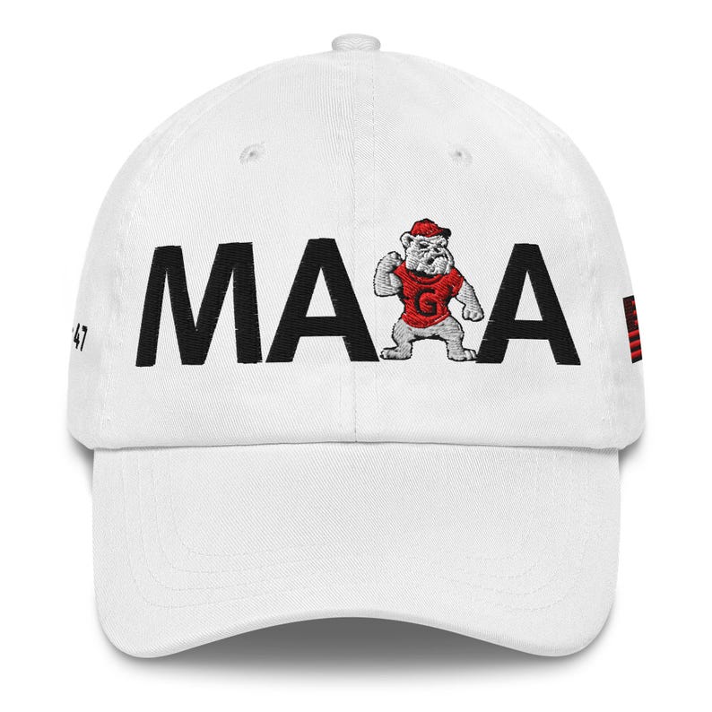 Unisex MAGA Georgia White Hat, MAGA Bulldogs Black G Cap, Trump Georgia Hat, Red Black Flag, Black Red Dawgs, Georgia Black Text