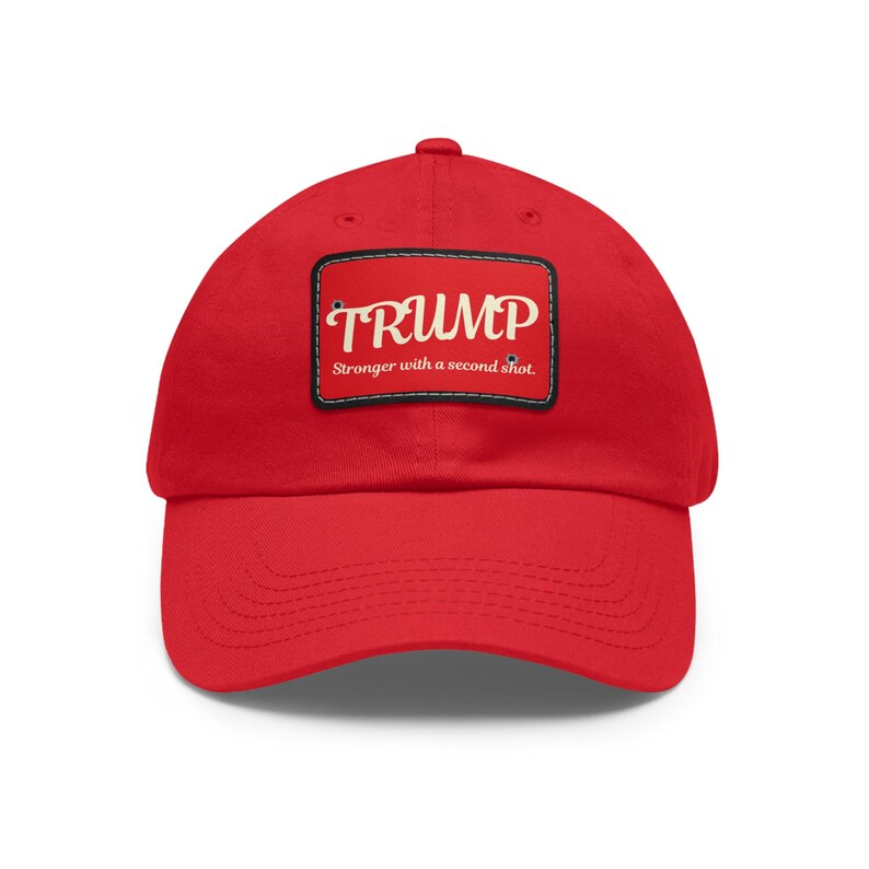 Trump 2025 Hat: Stronger With A Second Shot, MAGA Rally Cap Red / Black patch