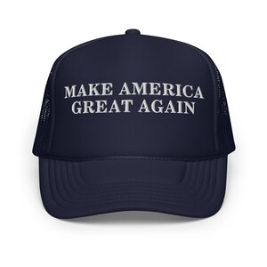 Unisex Navy Trump Foam Trucker MAGA Hat, MAGA Rally Hat, Trump Inauguration Adjustable Hat, White Text MAGA Cap