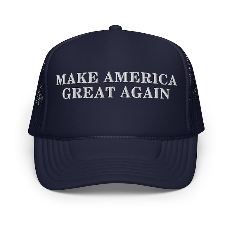 Unisex Navy Trump Foam Trucker MAGA Hat, MAGA Rally Hat, Trump Inauguration Adjustable Hat, White Text MAGA Cap