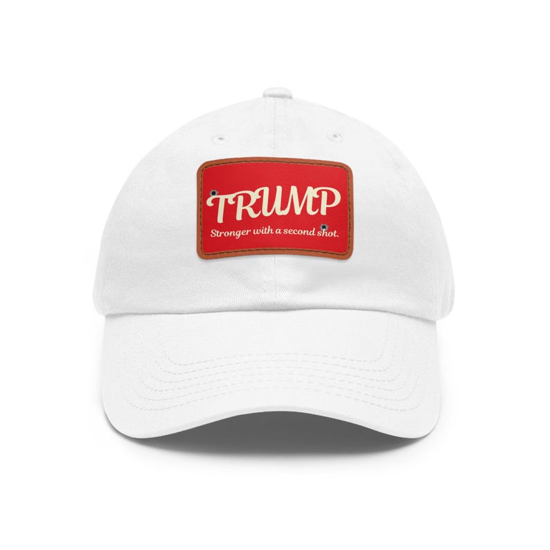Trump 2025 Hat: Stronger With A Second Shot, MAGA Rally Cap White / Light Brown patch