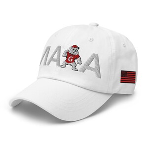 Unisex MAGA Georgia White Hat, MAGA Bulldogs Cap, Trump Georgia Adjustable Hat, Red Black Flag, White Red Dawgs, MAGA Georgia White Text Cap