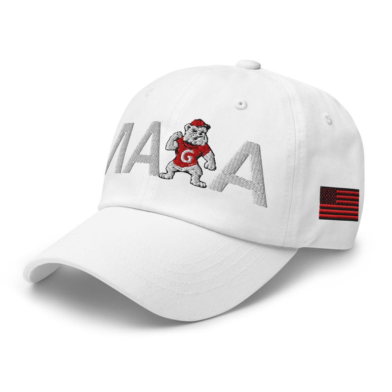 Unisex MAGA Georgia White Hat, MAGA Bulldogs Cap, Trump Georgia Adjustable Hat, Red Black Flag, White Red Dawgs, MAGA Georgia White Text Cap