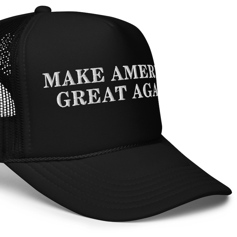 Unisex Black Trump Foam Trucker MAGA Hat, MAGA Rally Hat, Trump Inauguration Adjustable Hat, White Text MAGA Cap