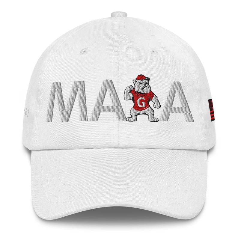 Unisex MAGA Georgia White Hat, MAGA Bulldogs Cap, Trump Georgia Adjustable Hat, Red Black Flag, White Red Dawgs, MAGA Georgia White Text Cap