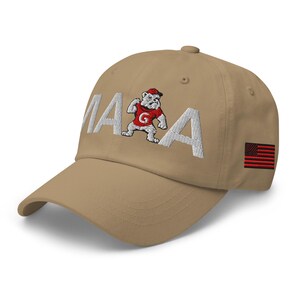 Unisex MAGA Georgia Khaki Hat, MAGA Bulldogs Cap, Trump Georgia Adjustable Hat, Red Black Flag, White Red Dawgs, MAGA Georgia White Text Cap
