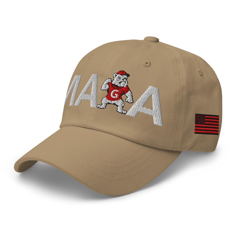 Unisex MAGA Georgia Khaki Hat, MAGA Bulldogs Cap, Trump Georgia Adjustable Hat, Red Black Flag, White Red Dawgs, MAGA Georgia White Text Cap