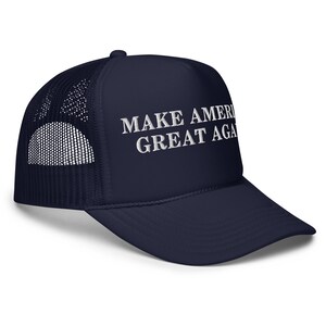 Unisex Navy Trump Foam Trucker MAGA Hat, MAGA Rally Hat, Trump Inauguration Adjustable Hat, White Text MAGA Cap