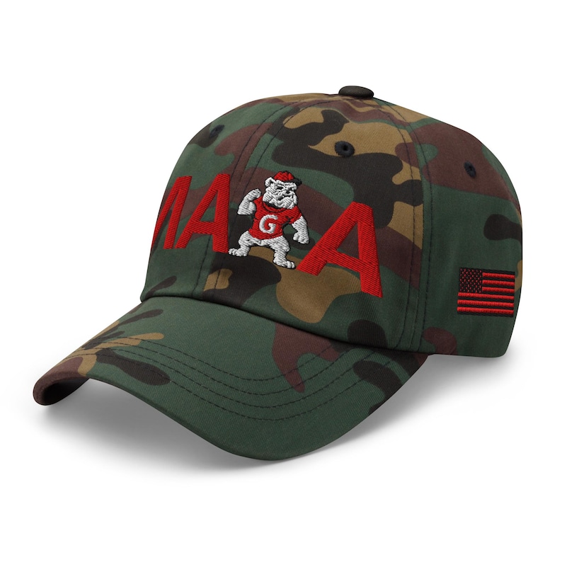 Unisex MAGA Georgia Camo Hat, MAGA Bulldogs Cap, Trump Georgia Adjustable Hat, Red Black Flag, Red Black Dawgs, MAGA Georgia Red Text Cap