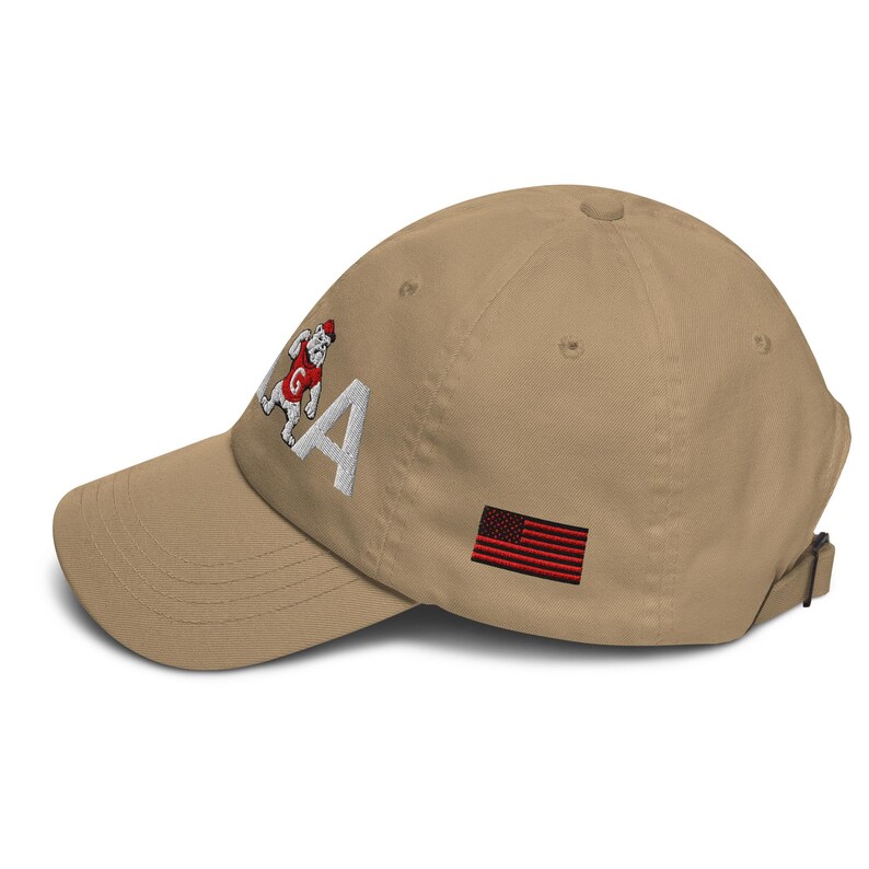Unisex MAGA Georgia Khaki Hat, MAGA Bulldogs Cap, Trump Georgia Adjustable Hat, Red Black Flag, White Red Dawgs, MAGA Georgia White Text Cap