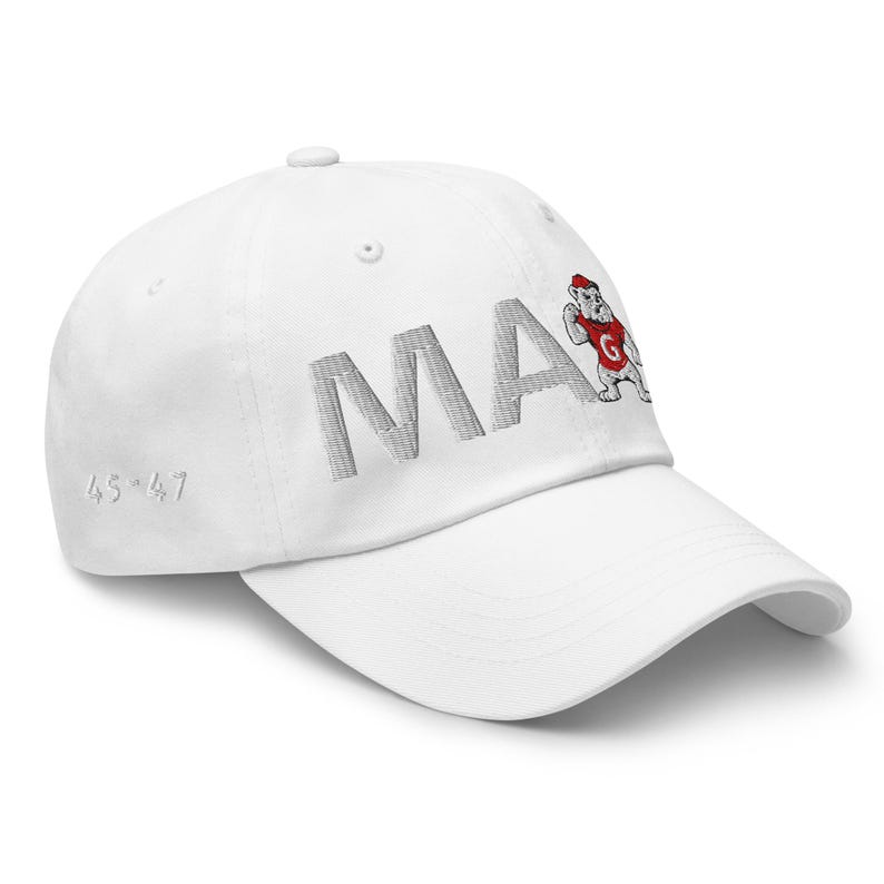 Unisex MAGA Georgia White Hat, MAGA Bulldogs Cap, Trump Georgia Adjustable Hat, Red Black Flag, White Red Dawgs, MAGA Georgia White Text Cap