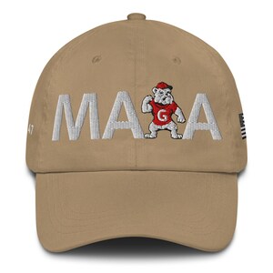 Unisex MAGA Georgia Khaki Hat, MAGA Bulldogs Cap, Trump Georgia Adjustable Hat, White Black Flag, White Black Dawgs, MAGA Georgia White Text