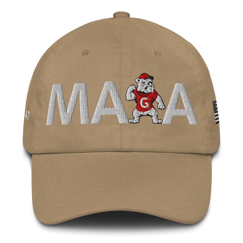 Unisex MAGA Georgia Khaki Hat, MAGA Bulldogs Cap, Trump Georgia Adjustable Hat, White Black Flag, White Black Dawgs, MAGA Georgia White Text