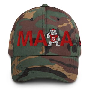 Unisex MAGA Georgia Camo Hat, MAGA Bulldogs Cap, Trump Georgia Adjustable Hat, Red Black Flag, Red Black Dawgs, MAGA Georgia Red Text Cap