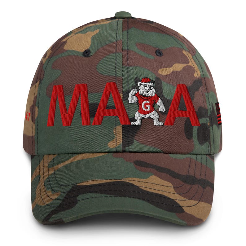 Unisex MAGA Georgia Camo Hat, MAGA Bulldogs Cap, Trump Georgia Adjustable Hat, Red Black Flag, Red Black Dawgs, MAGA Georgia Red Text Cap