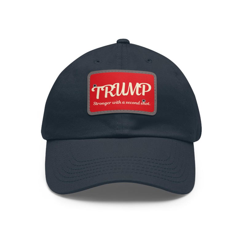 Trump 2025 Hat: Stronger With A Second Shot, MAGA Rally Cap Navy / Grey patch