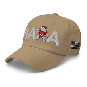 Unisex MAGA Georgia Khaki Hat, MAGA Bulldogs Cap, Trump Georgia Adjustable Hat, White Black Flag, White Black Dawgs, MAGA Georgia White Text