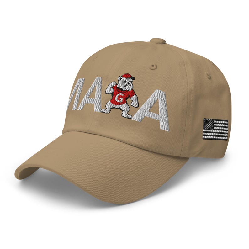Unisex MAGA Georgia Khaki Hat, MAGA Bulldogs Cap, Trump Georgia Adjustable Hat, White Black Flag, White Black Dawgs, MAGA Georgia White Text