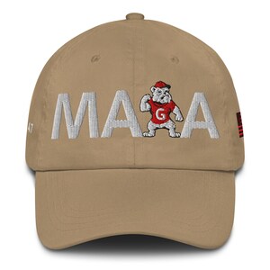 Unisex MAGA Georgia Khaki Hat, MAGA Bulldogs Cap, Trump Georgia Adjustable Hat, Red Black Flag, White Red Dawgs, MAGA Georgia White Text Cap