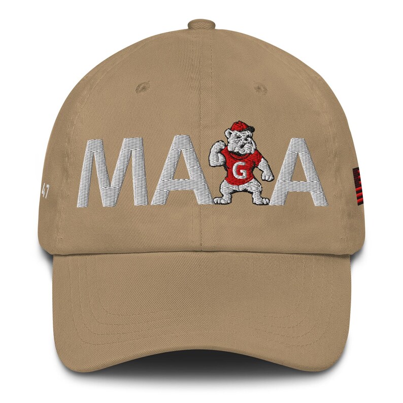 Unisex MAGA Georgia Khaki Hat, MAGA Bulldogs Cap, Trump Georgia Adjustable Hat, Red Black Flag, White Red Dawgs, MAGA Georgia White Text Cap