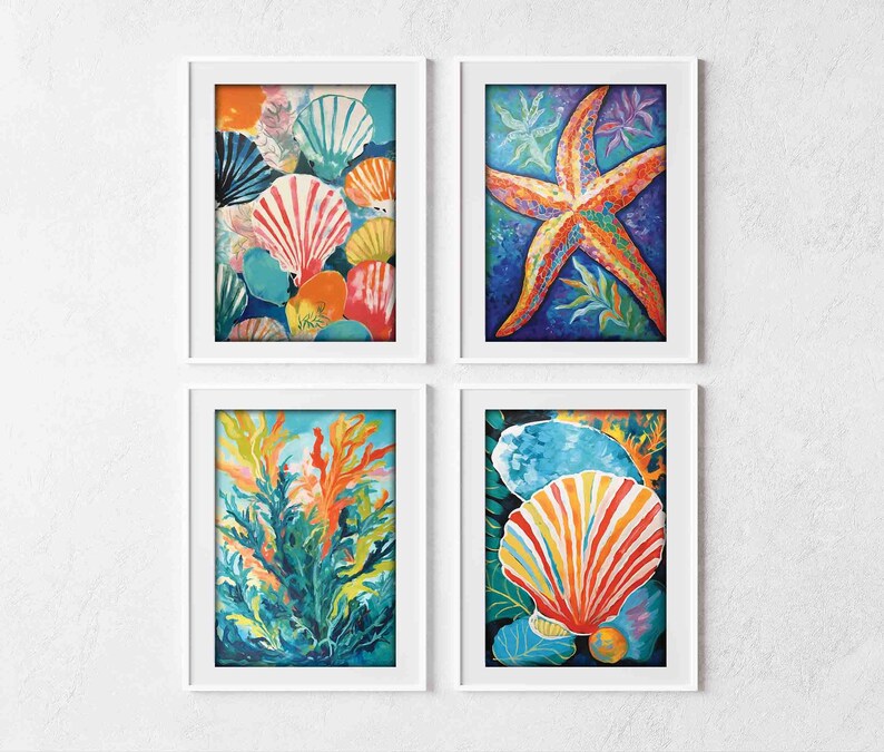 Ocean Life Printable Artwork Digital Seashell Wall Art Set of Four Art ...