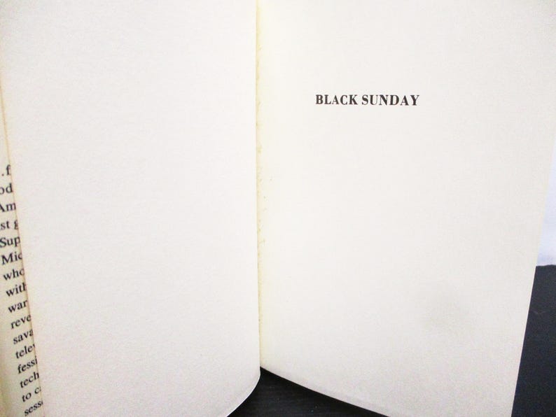 May include: An open book with the title "BLACK SUNDAY" printed in a dark brown font on the right page. The left page is blank. The pages are off-white with a textured surface.