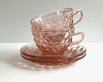 Vintage pair Windsor Diamond pink Jeanette depression glass teacup and saucer
