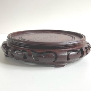 Vintage solid wood carved display stand / Rosewood tabletop 7 inch round statue vase stand