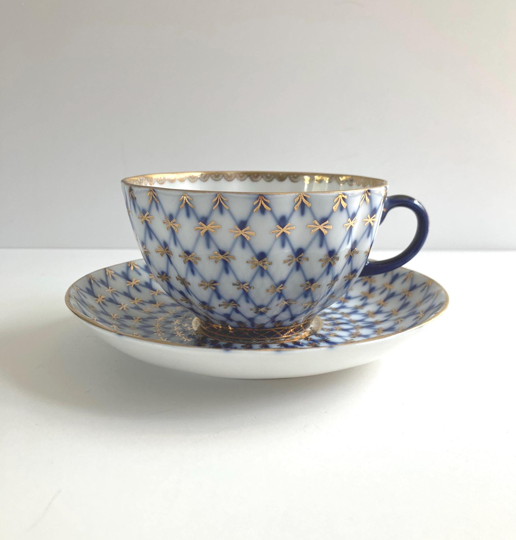 ロモノーソフ LOMONOSOV コバルトネット カップソーサー プレート ペア Vintage Imperial Lomonosov Porcelain Cobalt Blue Net Teacup and
