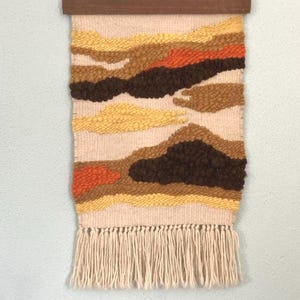 Vintage abstract landscape wool tapestry / handmade textile weaving midcentury wool wall hanging